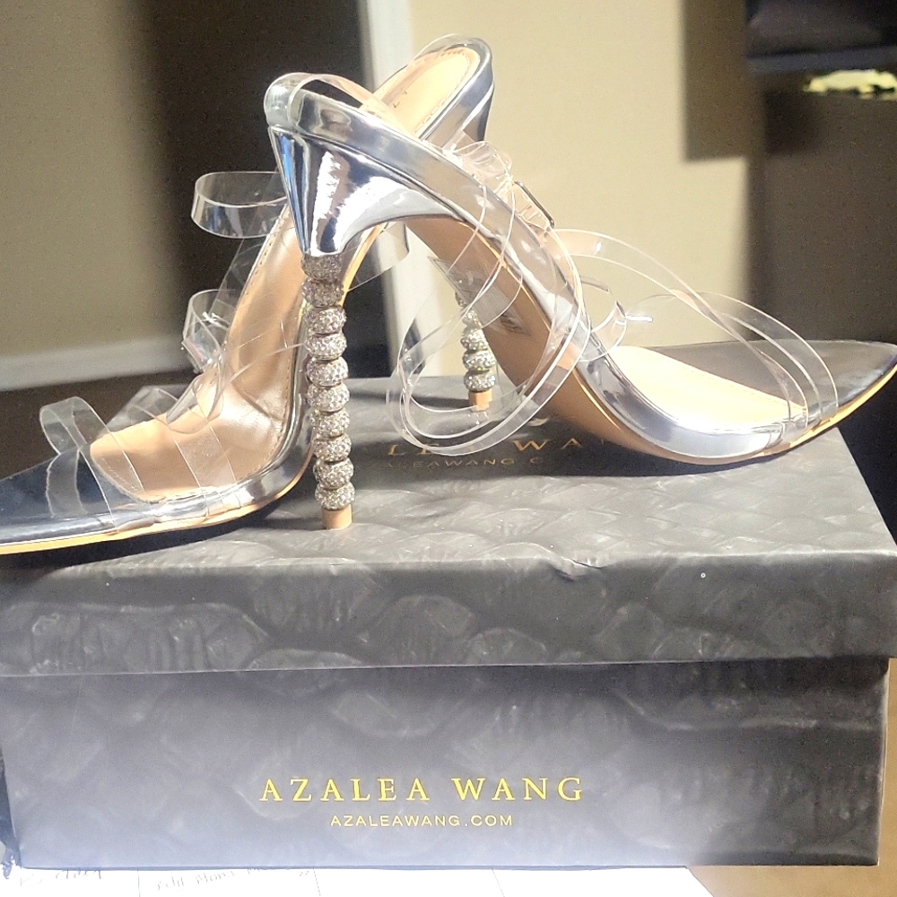 NWT-Azalea Wang  Silver Clear Strappy Rhinestone Heels 7.5 NIB